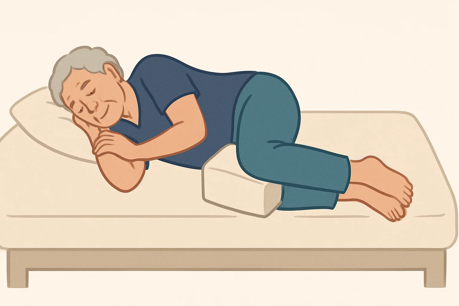 Ilustração de uma pessoa idosa dormindo de lado, com um travesseiro firme colocado entre os joelhos, mantendo a perna de cima apoiada e alinhada